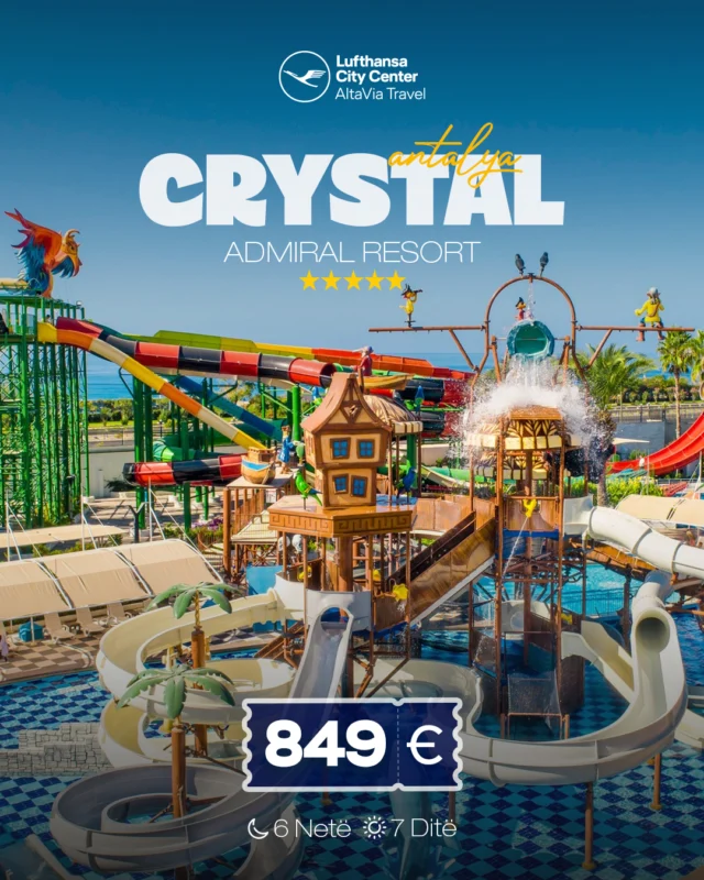 CRYSTAL ADMIRAL RESORT SUITES SPA 5* UAI #SideNisja : 16 Qershor ---> 6 net / 7 ditë akomodim - 849 € / për personNisja : 20 Qershor ---> 6 net / 7 ditë akomodim - 849 € / për personNisja : 22 Qershor ---> 6 net / 7 ditë akomodim - 849 € / për personNisja : 23 Qershor ---> 6 net / 7 ditë akomodim - 849 € / për personNisja : 24 Qershor ---> 6 net / 7 ditë akomodim - 849 € / për personRezervoni dhe paguani vetëm 30% te vlerës, pjesën tjetër e paguani 14 ditë para nisjesTë përfshira:✔️Fluturimi direkt Prishtinë - Antalya - Prishtinë✔️ Transferi aeroport - hotel - aeroport❌Taksat e Aeroportit 40 Euro nuk janë të përfshira në çmimPër më shumë informata na kontaktoni:🌐www.altaviatravel.com📱038/049/044/045 - 543543📧info@altaviatravel.com📞383 45 543543 (Viber/WhatsApp)