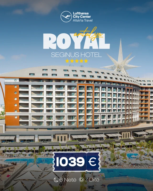 ROYAL SEGINUS HOTEL 5* UAI  #AntalyaNisja : 16 Qershor ---> 6 net / 7 ditë akomodim -  1039 € / për personNisja : 20 Qershor ---> 6 net / 7 ditë akomodim -  1039 € / për personNisja : 22 Qershor ---> 6 net / 7 ditë akomodim -  1039 € / për personNisja : 23 Qershor ---> 6 net / 7 ditë akomodim -  1039 € / për personNisja : 24 Qershor ---> 6 net / 7 ditë akomodim -  1039 € / për personRezervoni dhe paguani vetëm 30% te vlerës, pjesën tjetër e paguani 14 ditë para nisjesTë përfshira:✔️Fluturimi direkt Prishtinë - Antalya - Prishtinë✔️ Transferi aeroport - hotel - aeroport❌Taksat e Aeroportit 40 Euro nuk janë të përfshira në çmimPër më shumë informata na kontaktoni:🌐www.altaviatravel.com📱038/049/044/045 - 543543📧info@altaviatravel.com📞383 45 543543 (Viber/WhatsApp)