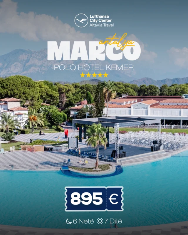 MARCO POLO HOTEL 5* UAI #kemer Nisja : 16 Qershor ---> 6 net / 7 ditë akomodim - 895 € / për personNisja : 20 Qershor ---> 6 net / 7 ditë akomodim - 895 € / për personNisja : 22 Qershor ---> 6 net / 7 ditë akomodim - 895 € / për personNisja : 23 Qershor ---> 6 net / 7 ditë akomodim - 915 € / për personNisja : 24 Qershor ---> 6 net / 7 ditë akomodim - 915 € / për personRezervoni dhe paguani vetëm 30% te vlerës, pjesën tjetër e paguani 14 ditë para nisjesTë përfshira:✔️Fluturimi direkt Prishtinë - Antalya - Prishtinë✔️ Transferi aeroport - hotel - aeroport❌Taksat e Aeroportit 40 Euro nuk janë të përfshira në çmimPër më shumë informata na kontaktoni:🌐www.altaviatravel.com📱038/049/044/045 - 543543📧info@altaviatravel.com📞383 45 543543 (Viber/WhatsApp)