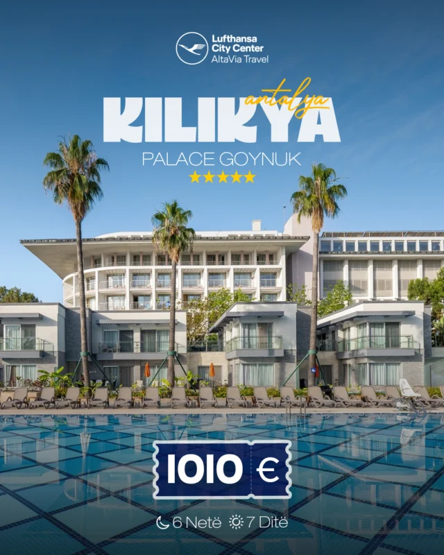 KILIKYA PALACE GOYNUK 5* UAI #KemerNisja : 16 Qershor ---> 6 net / 7 ditë akomodim - 1010 € / për personNisja : 20 Qershor ---> 6 net / 7 ditë akomodim - 1010 € / për personNisja : 22 Qershor ---> 6 net / 7 ditë akomodim - 1010 € / për personNisja : 23 Qershor ---> 6 net / 7 ditë akomodim - 1010 € / për personNisja : 24 Qershor ---> 6 net / 7 ditë akomodim - 1010 € / për personRezervoni dhe paguani vetëm 30% te vlerës, pjesën tjetër e paguani 14 ditë para nisjesTë përfshira:✔️Fluturimi direkt Prishtinë - Antalya - Prishtinë✔️ Transferi aeroport - hotel - aeroport❌Taksat e Aeroportit 40 Euro nuk janë të përfshira në çmimPër më shumë informata na kontaktoni:🌐www.altaviatravel.com📱038/049/044/045 - 543543📧info@altaviatravel.com📞383 45 543543 (Viber/WhatsApp)