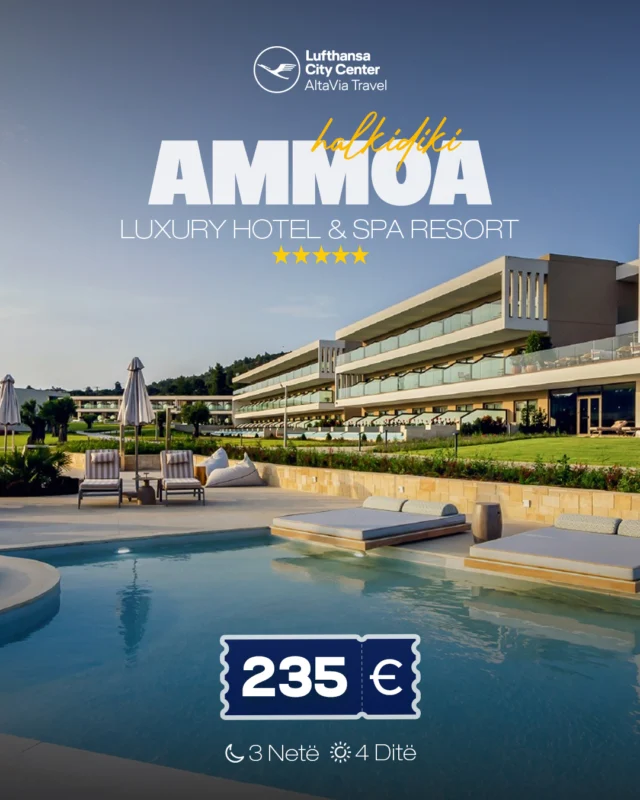 Ammoa Luxury Hotel & Spa Resort 5* - HalkidikiCheck in 16 Maj ---> 3 netë ---> 235 € për personPërfshihet: Mëngjesi & DarkaPër më shumë informata na kontaktoni:🌐www.altaviatravel.com📱038/049/044/045 - 543543📧info@altaviatravel.com📞383 45 543543 (Viber/WhatsApp)