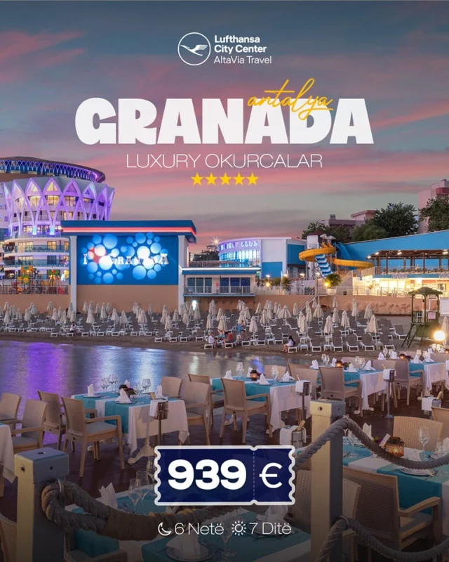 GRANADA LUXURY OKURCALAR HOTEL 5* UAI #AlanyaNisja : 16 Qershor ---> 6 net / 7 ditë akomodim - 939 € / për personNisja : 20 Qershor ---> 6 net / 7 ditë akomodim - 989 € / për personNisja : 22 Qershor ---> 6 net / 7 ditë akomodim - 989 € / për personNisja : 23 Qershor ---> 6 net / 7 ditë akomodim - 989 € / për personNisja : 24 Qershor ---> 6 net / 7 ditë akomodim - 989 € / për personRezervoni dhe paguani vetëm 30% te vlerës, pjesën tjetër e paguani 14 ditë para nisjesTë përfshira:✔️Fluturimi direkt Prishtinë - Antalya - Prishtinë✔️ Transferi aeroport - hotel - aeroport❌Taksat e Aeroportit 40 Euro nuk janë të përfshira në çmimPër më shumë informata na kontaktoni:🌐www.altaviatravel.com📱038/049/044/045 - 543543📧info@altaviatravel.com📞383 45 543543 (Viber/WhatsApp)
